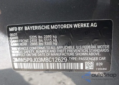 2021 BMW 3 Series 330E xDrive из США, поврежденный, VIN 3MW5P9J03M8C12629